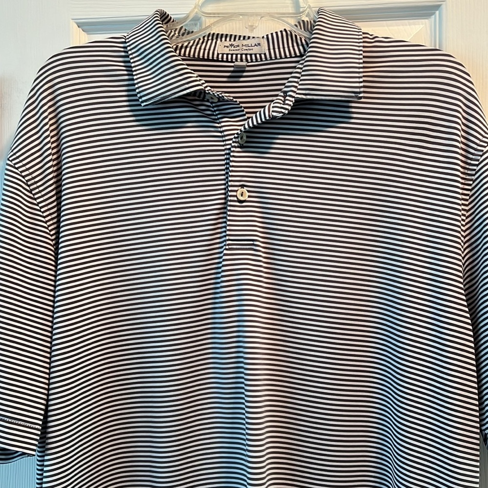Men’s Peter Millar Gray Iron White Striped Polo Shirt Sz L Summer Comfort Golf